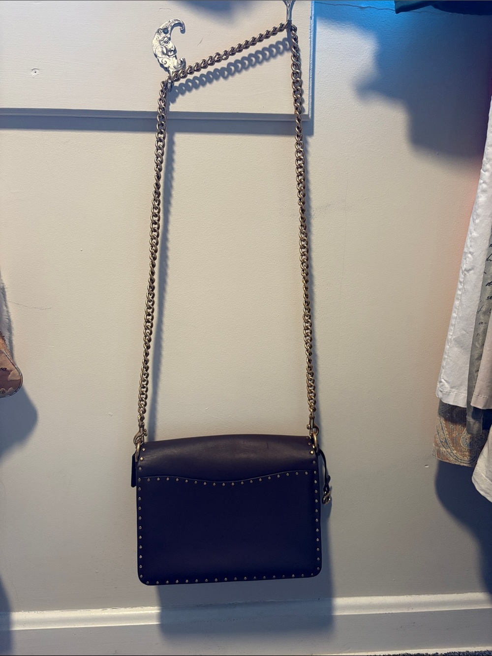 Coach Chocolate Leather Crossbody with Gold Chain Strap & Stud Trim - Picture 3 of 5